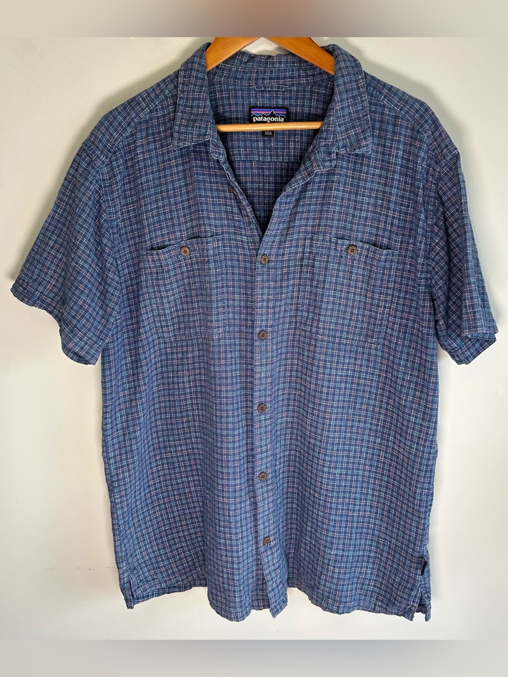Patagonia Men's Button Up Shirt Size XL Plaid Back Step Blue Cotton Hemp STY5313